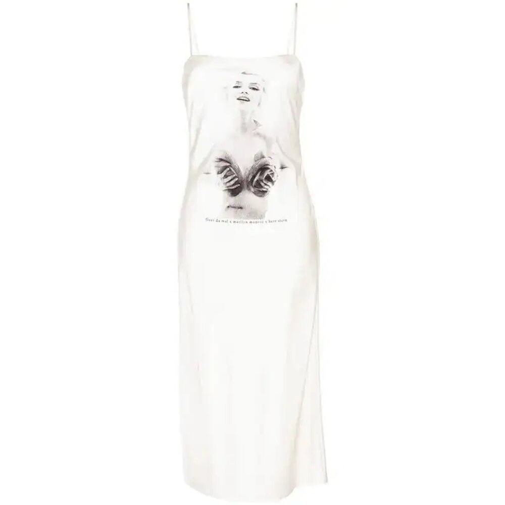NWT Fleur Du Mal Marilyn Midi Slip Dress Small Silk Satin Graphic Print Ivory - Picture 3 of 10